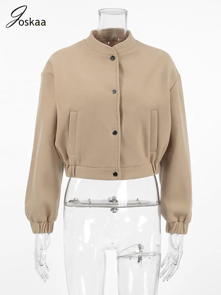Women's Long Sleeve Bomber Warm Wool Jacket Khaki – Back View