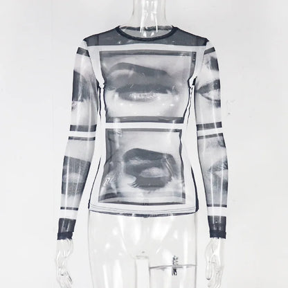 Women's Mesh Long Sleeve Abstract Sheer Top