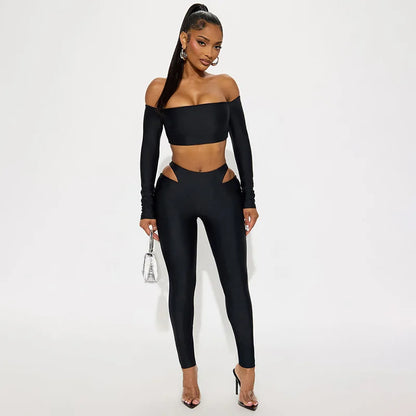 Women's Cutout Long Sleeve Crop Two Piece Set