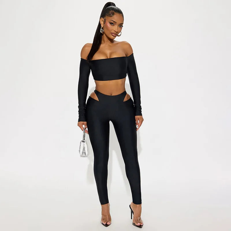 Women's Cutout Long Sleeve Crop Two Piece Set