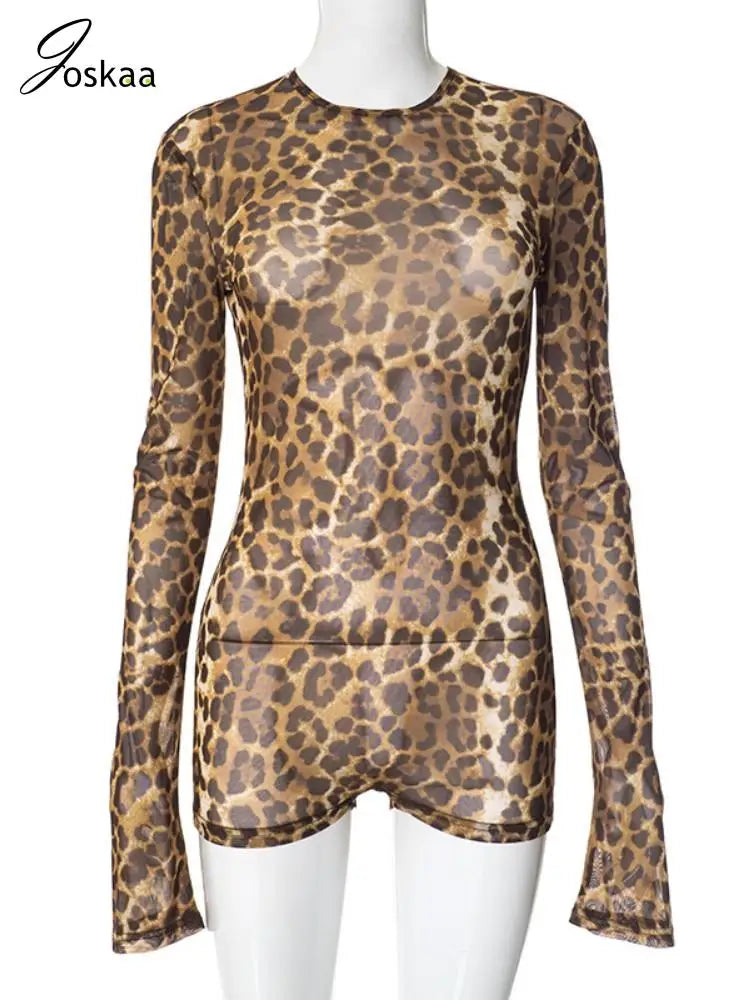 Women's Leopard Print Mesh Backless Romper Leopard Print – Back View