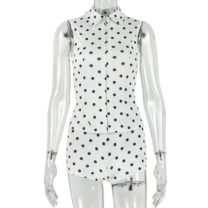 Women's Polka Dot Zip Up Sleeveless High Waist Two Piece Set - Additional View 7
