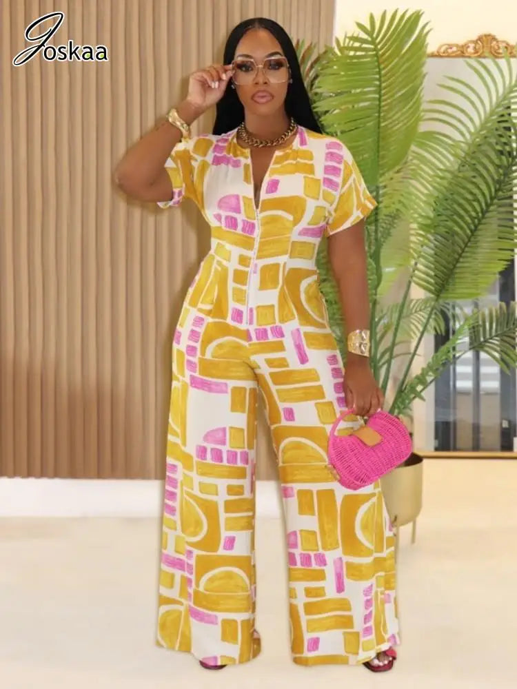 Women's Short Sleeve Flare Zip Wide Leg Romper – Women's Fashion Wholesale – Front View