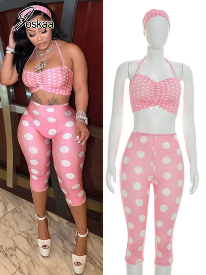 Women's Polka Dot Ruched Halter Two Piece Set – Women's Fashion Wholesale – Front View