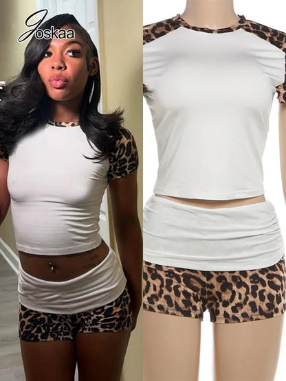 Women's Leopard Print Ruched Short Sleeve Two Piece Set – Women's Fashion Wholesale – Front View