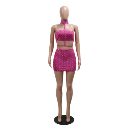 Women's Rhinestone Cutout Halter Two Piece Set