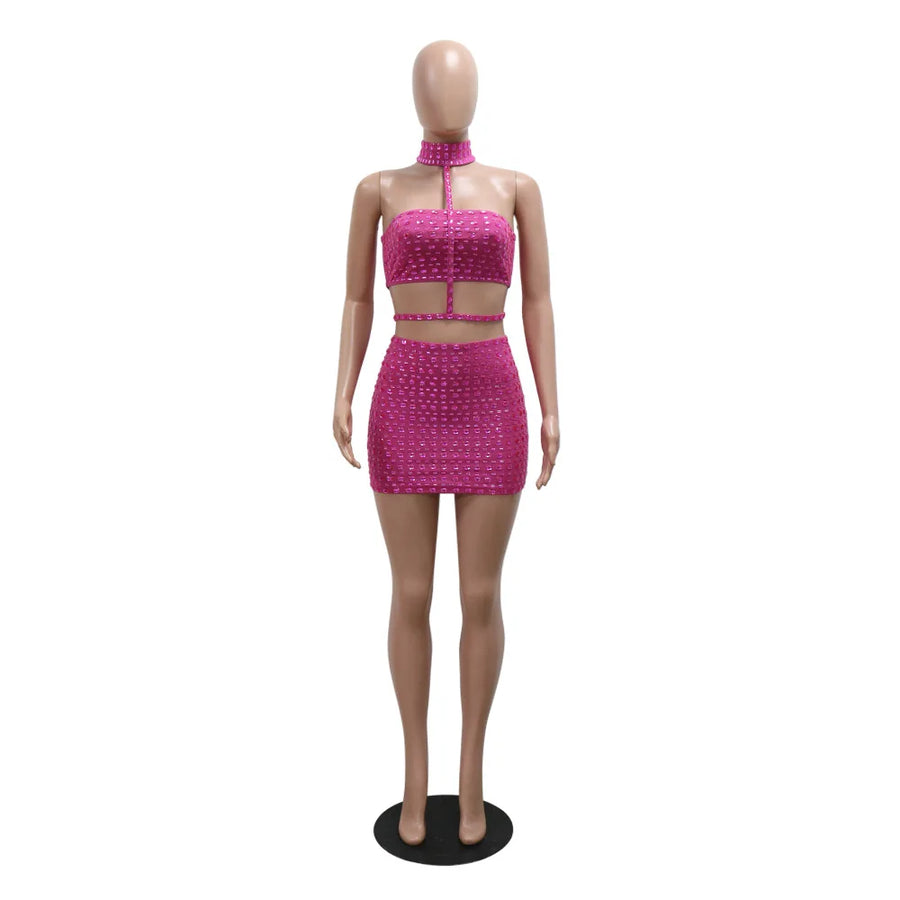 Women's Rhinestone Cutout Halter Two Piece Set