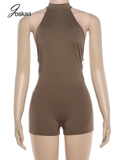 Women's Sequin Backless Halter Sleeveless Romper Brown – Back View