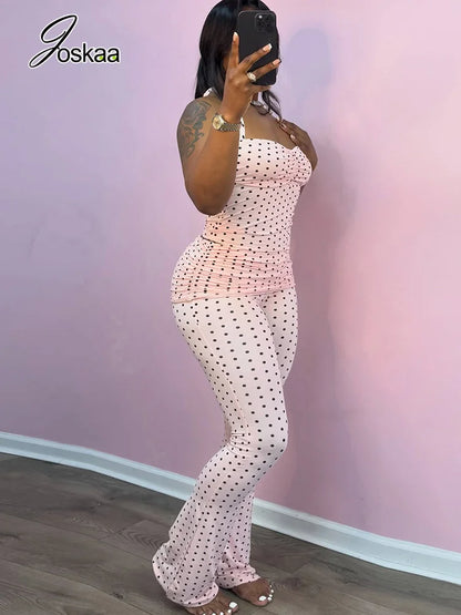 Women's Polka Dot Backless Halter Two Piece Set Pink – Front View