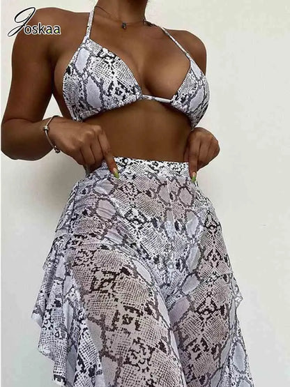 Women's Snake Print Mesh Halter Bikini Set – Women's Fashion Wholesale – Front View