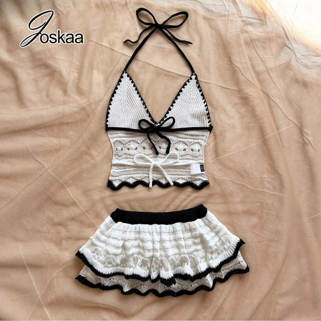 Women's Knit Halter Crop Mini Two Piece Set White – Front View