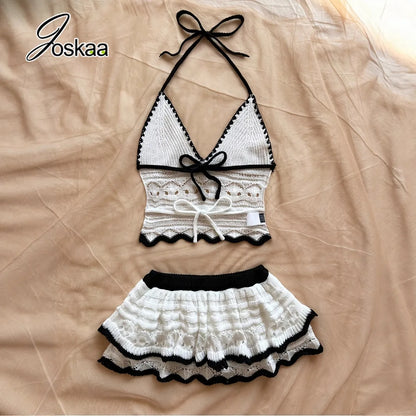 Women's Knit Halter Crop Mini Two Piece Set White – Front View
