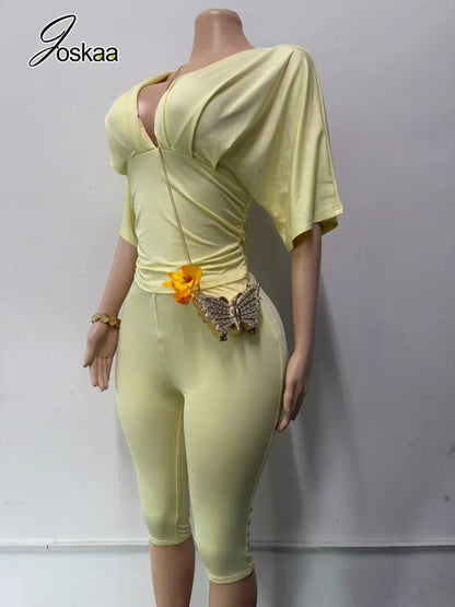 Women's Ruched V-neck Two Piece Set - Back View