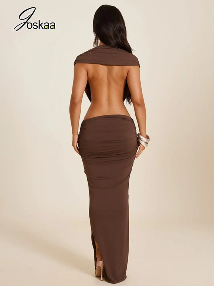 Women's Ruched Backless V-neck Bodycon Maxi Dress - Front View