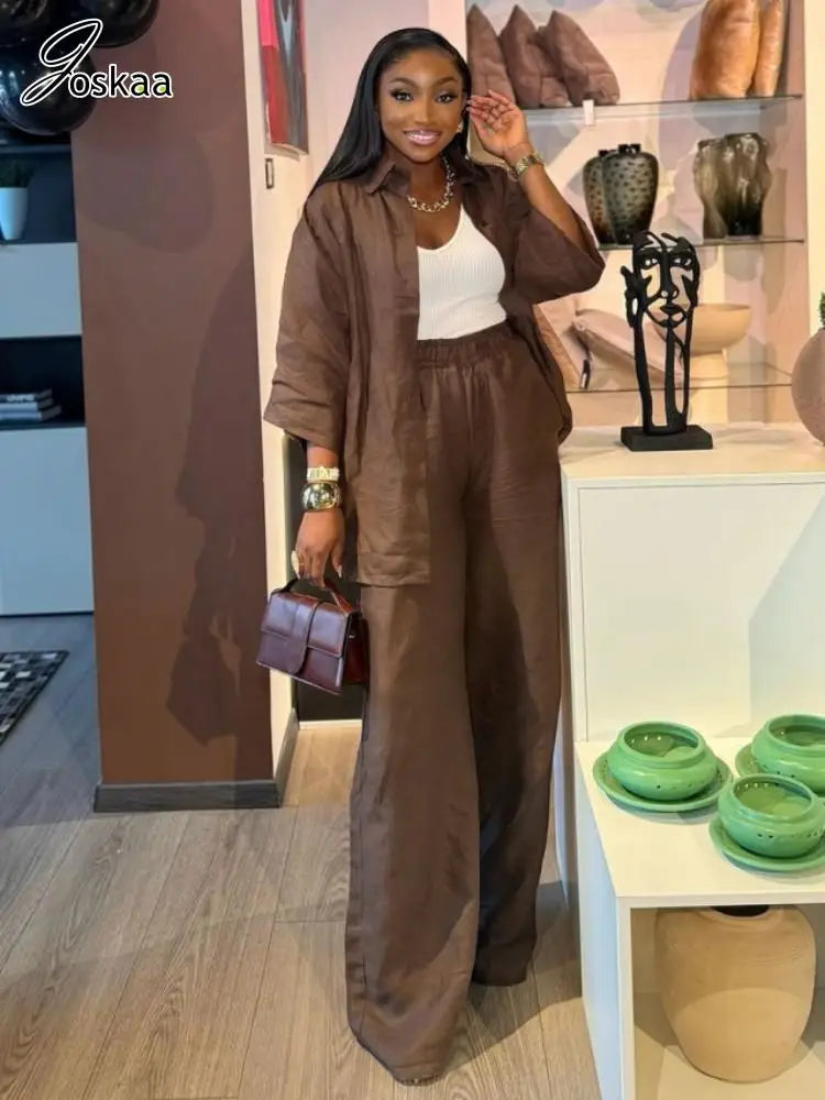 Women's Flare Wide Leg Lapel Two Piece Set Brown – Back View