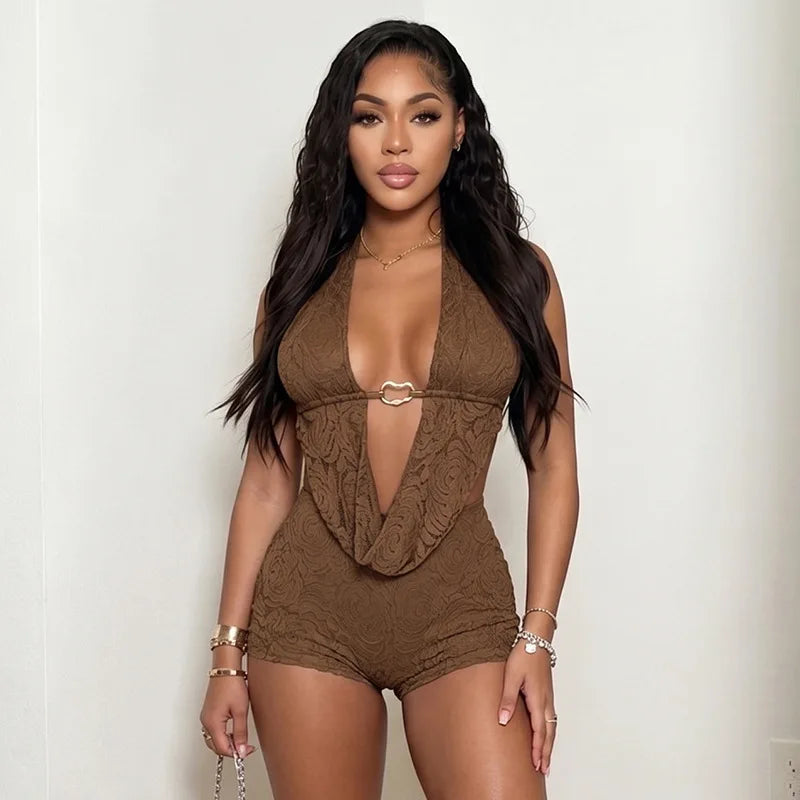 Women's Lace Backless Halter Two Piece Set