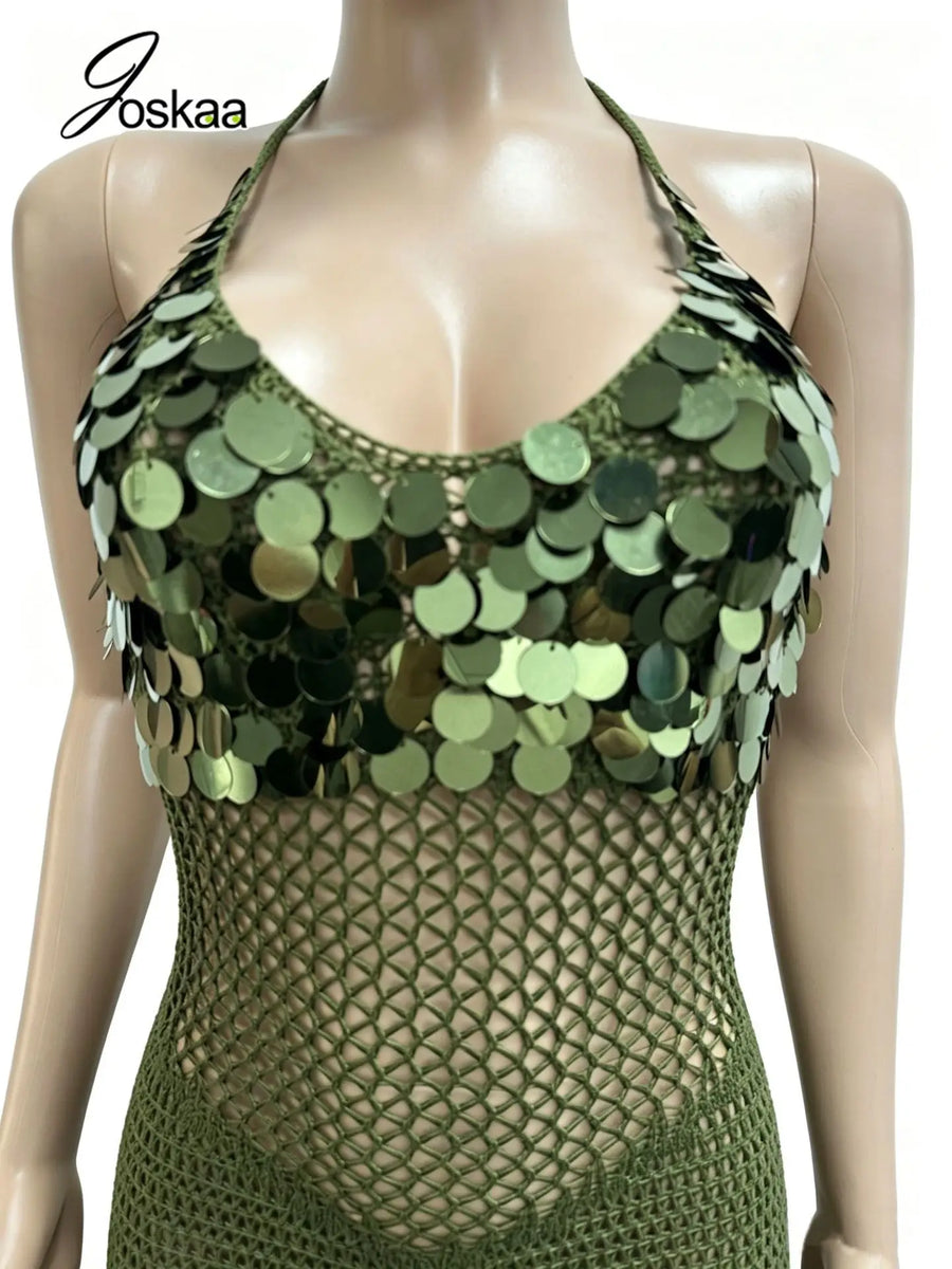 Women's Sequin Ribbed Knit Cutout Halter Bodycon Dress - Model Wearing Style