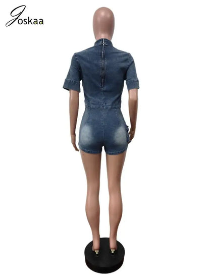 Women's Denim Short Sleeve Bodycon Romper Blue – Detail View