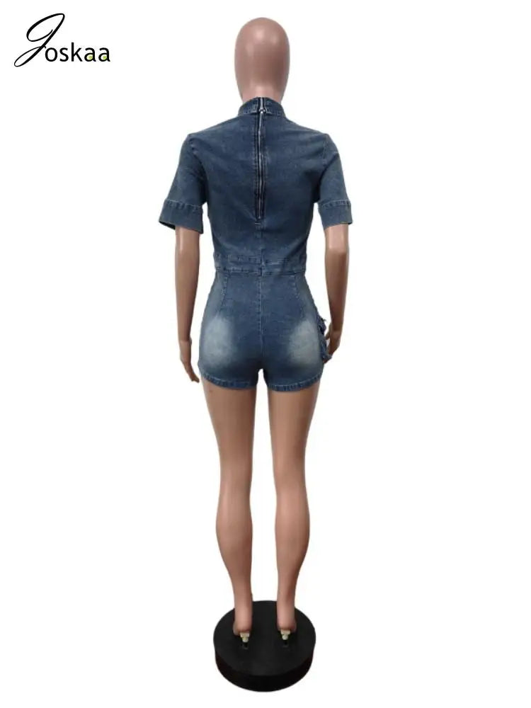 Women's Denim Short Sleeve Bodycon Romper Blue – Detail View