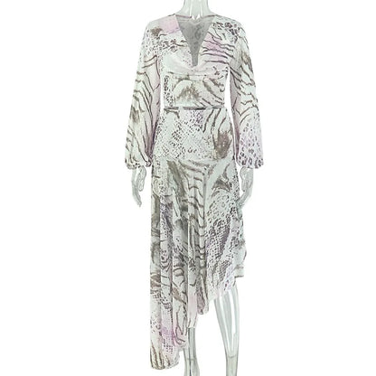 Women's Zebra Print Snake Print Mesh V-neck Two Piece Set - Detail View 6