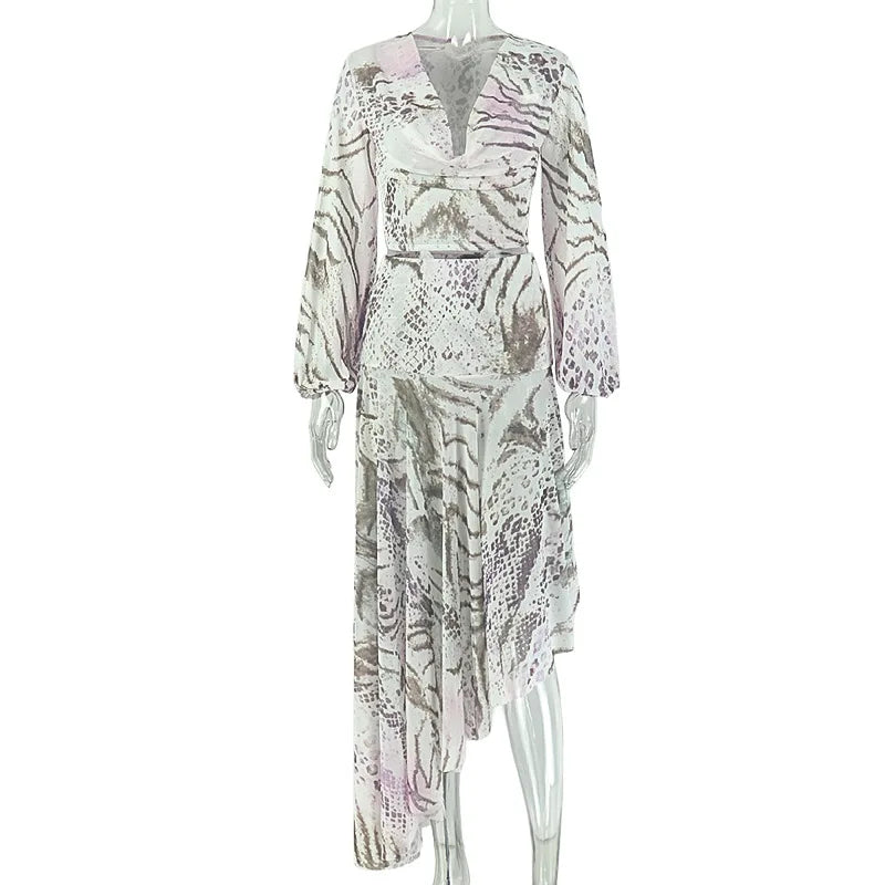 Women's Zebra Print Snake Print Mesh V-neck Two Piece Set - Detail View 6