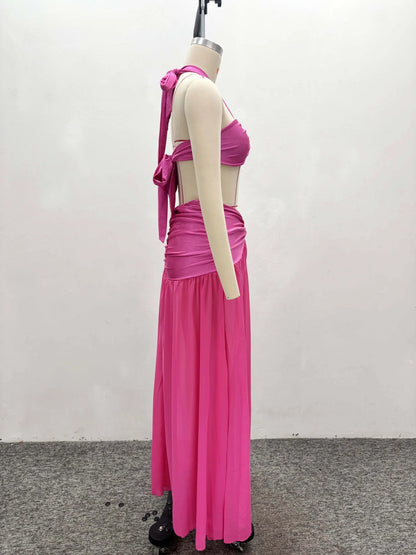 Joskaa Ruched Backless Halter Maxi Two Piece Set - two piece set image 3