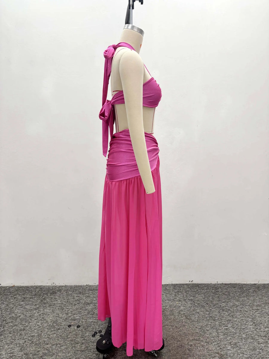 Joskaa Ruched Backless Halter Maxi Two Piece Set - two piece set image 3
