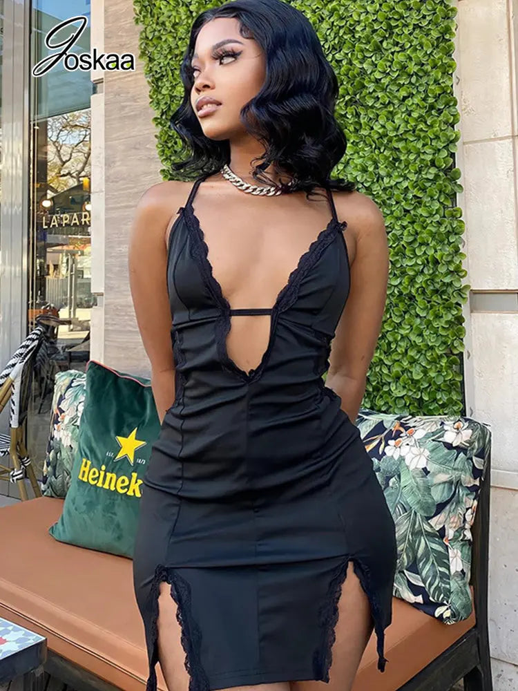 Women's Lace Backless Black Stitching Deep Mini Dress 193 – Side View