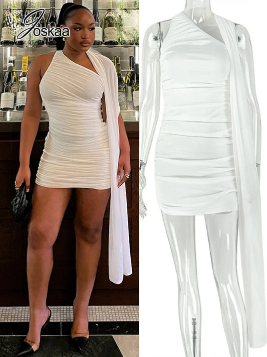 Women's Mesh Ruched Sleeveless One Shoulder Mini Dress - Women's Fashion Wholesale - Front View