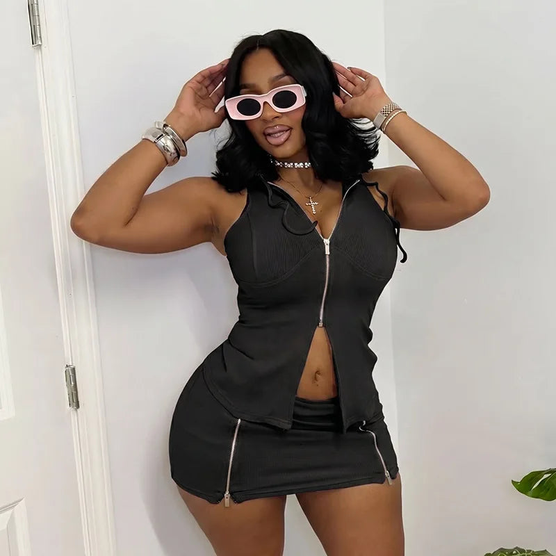 Women's Zip Up Sleeveless Two Piece Set