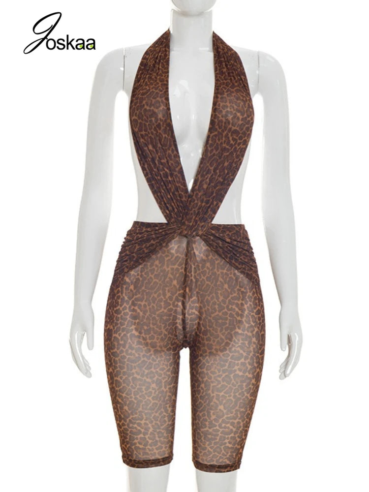 Women's Leopard Print Mesh Backless Romper Brown – Back View