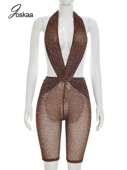 Women's Leopard Print Mesh Backless Romper Brown – Back View