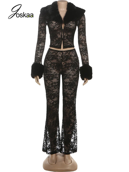 Women's Lace Long Sleeve Flare Two Piece Set Black – Back View