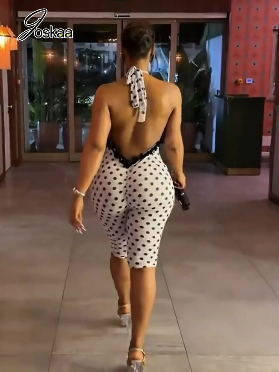 Women's Polka Dot Mesh Backless Halter Romper White – Front View