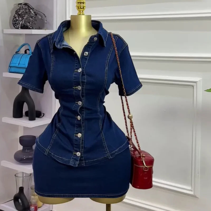 Women's Denim Short Sleeve High Waist Two Piece Set
