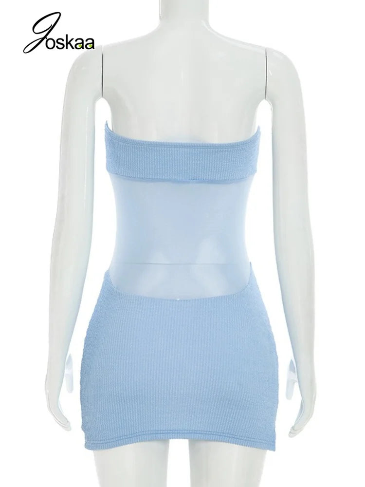 Women's Mesh Backless Strapless Mini Dress Yellow – Detail View