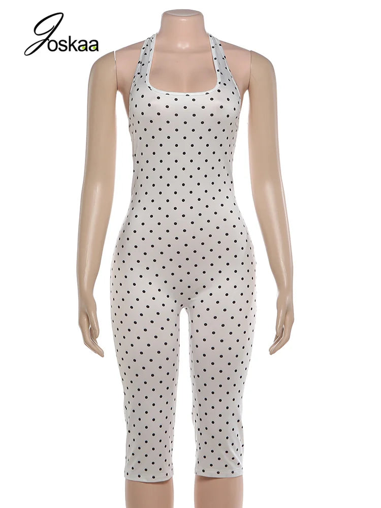 Women's Polka Dot Backless Halter Romper White – Back View