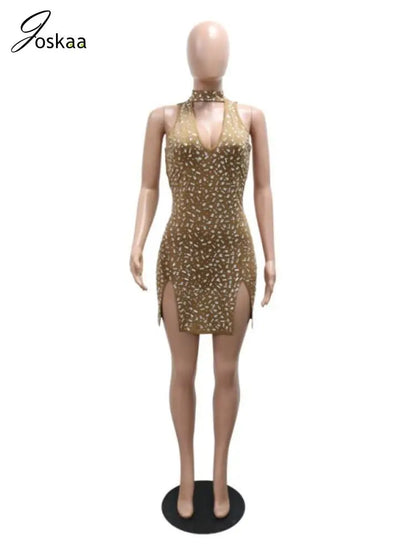Women's Rhinestone Backless Cutout Mini Dress Apricot – Back View