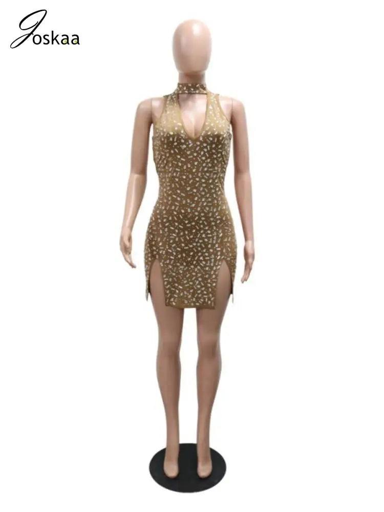 Women's Rhinestone Backless Cutout Mini Dress Apricot – Back View