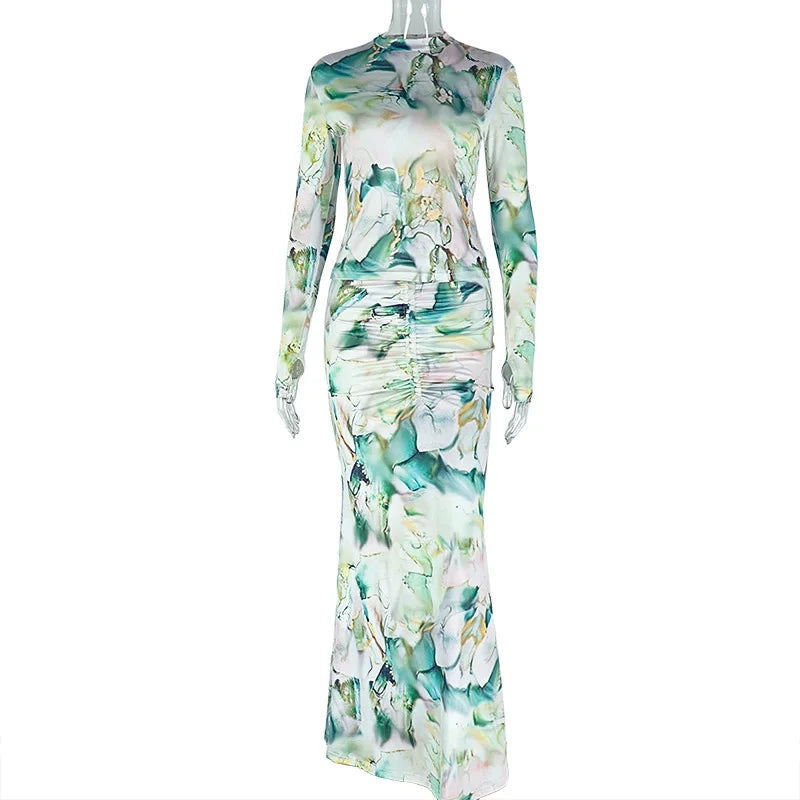 Women's Long Sleeve Maxi Pleated Two Piece Set
