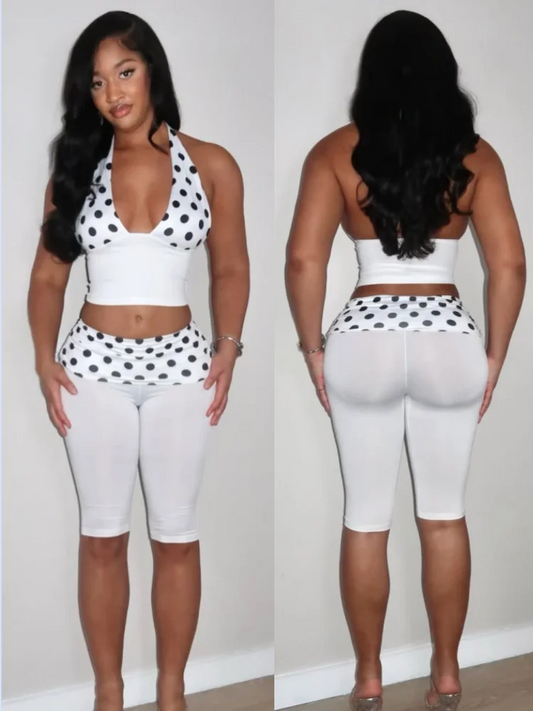 Women's Polka Dot Backless Halter Two Piece Set - Front View