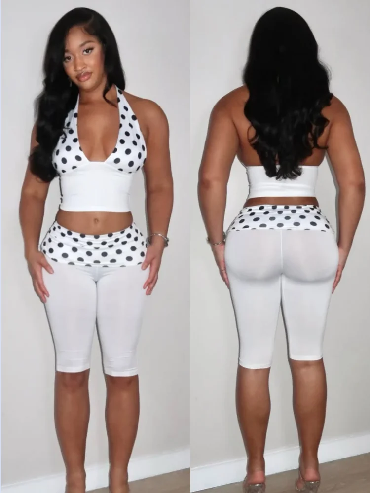 Women's Polka Dot Backless Halter Two Piece Set - Front View