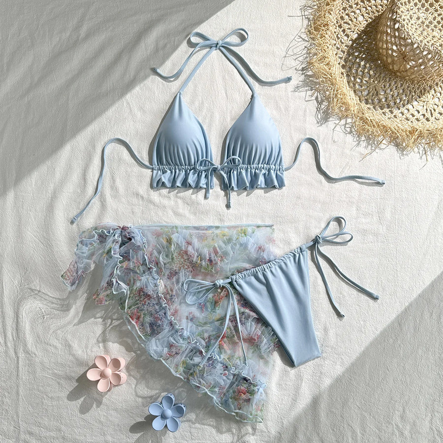 Women's Mesh Halter Swimwear Bikini Ruffle Triangle - Additional View 7