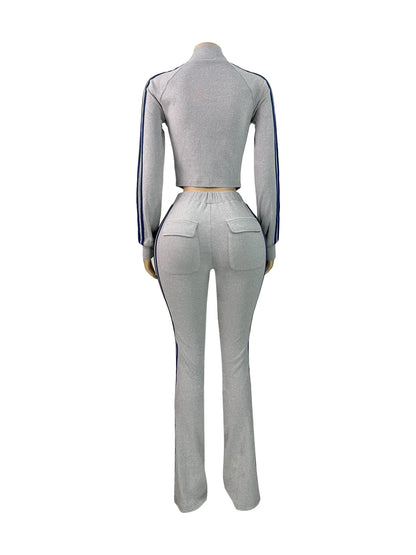 Joskaa Stripe Velvet Zip Up Long Sleeve Two Piece Set - two piece set image 4