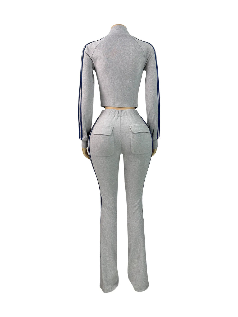 Joskaa Stripe Velvet Zip Up Long Sleeve Two Piece Set - two piece set image 4