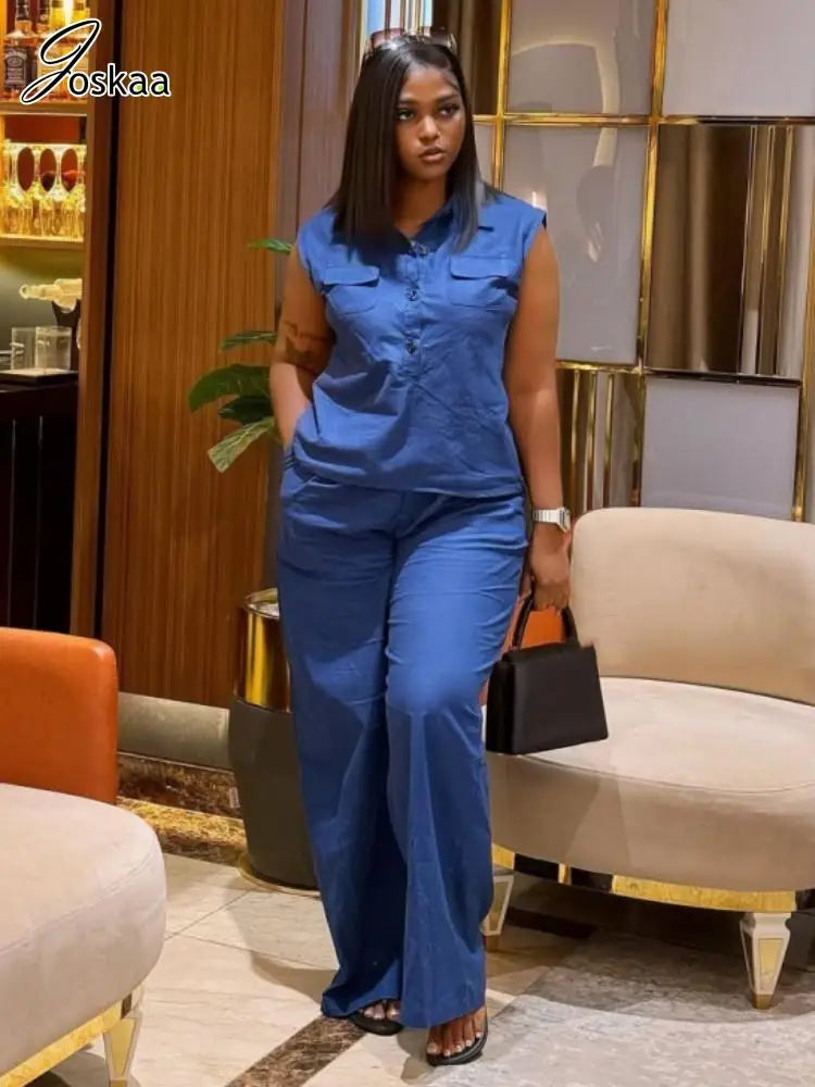 Women's Flare Wide Leg Causal Two Piece Set Blue – Front View