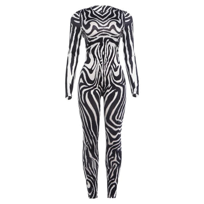 Women's Zebra Print Zip Up Long Sleeve Bodycon Romper - Additional View 7