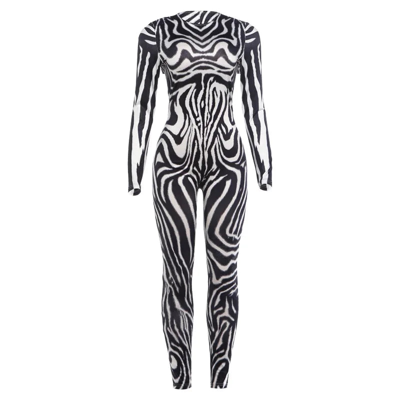 Women's Zebra Print Zip Up Long Sleeve Bodycon Romper - Additional View 7