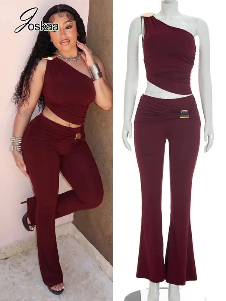 Women's Ruched One Shoulder Wide Leg Two Piece Set - Women's Fashion Wholesale - Front View