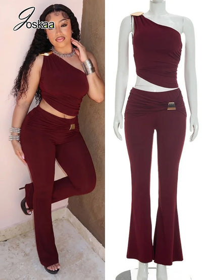 Women's Ruched One Shoulder Wide Leg Two Piece Set - Women's Fashion Wholesale - Front View